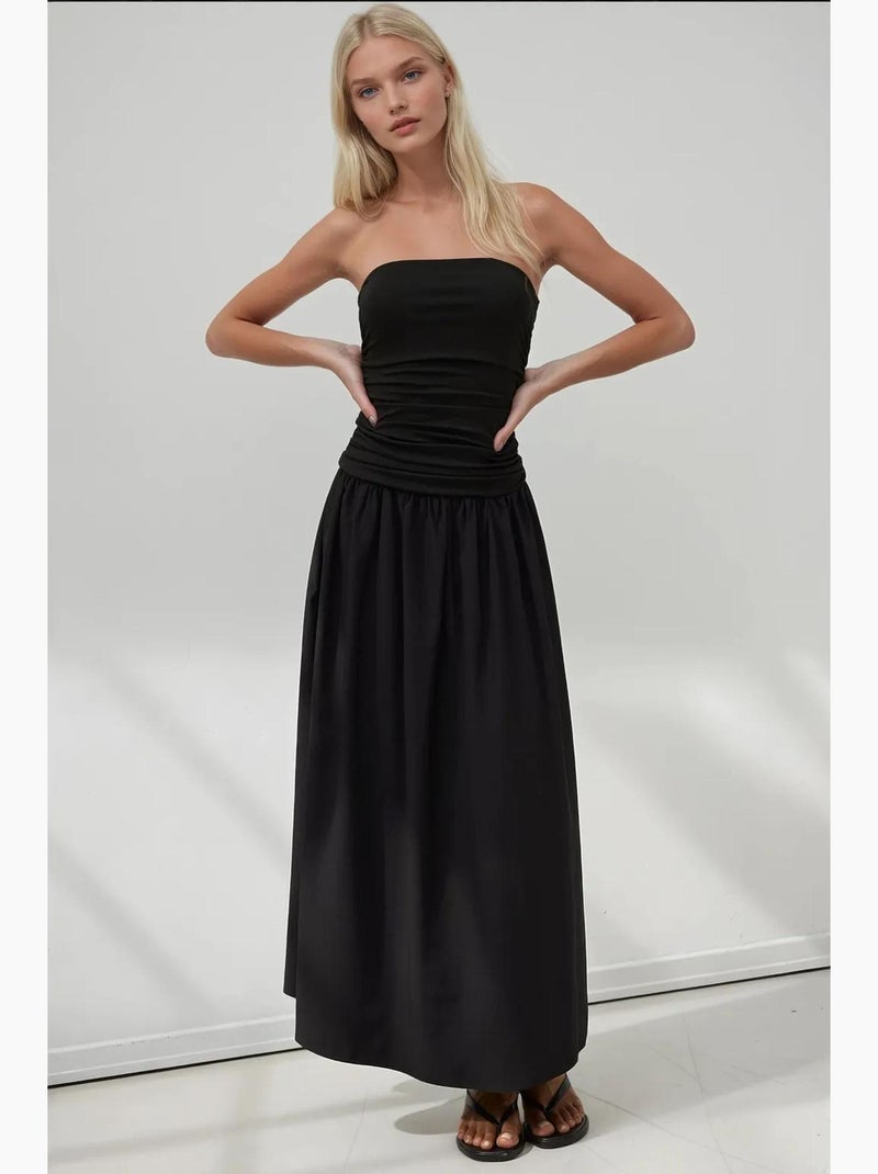 Vestido maxi sem alças com detalhe hiccup Preto - Kiabi