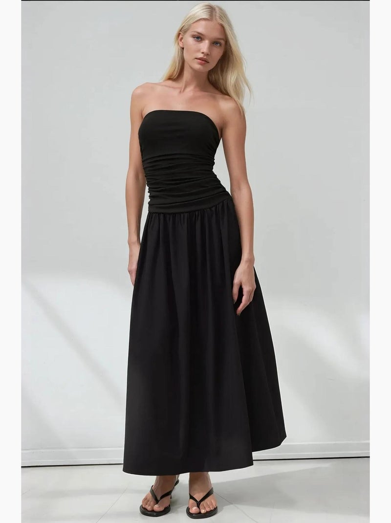 Vestido maxi sem alças com detalhe hiccup Preto - Kiabi