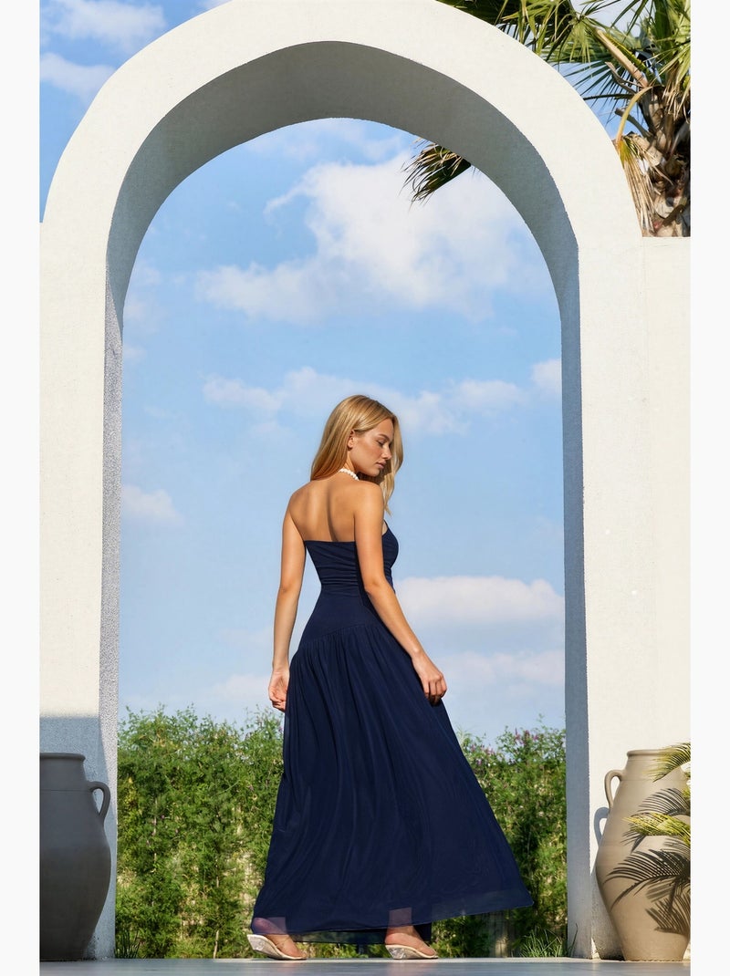 Vestido maxi sem alças com racha hiccup Azul-marinho - Kiabi