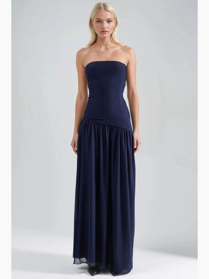 Vestido maxi sem alças com racha hiccup Azul-marinho - Kiabi