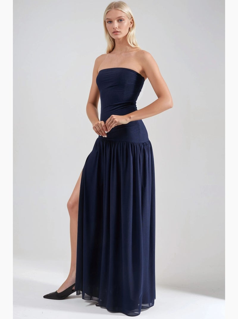 Vestido maxi sem alças com racha hiccup Azul-marinho - Kiabi