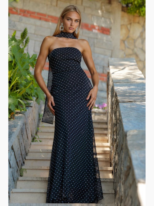Vestido maxi sem alças de bolinhas com detalhe de lenço hiccup - Kiabi Vestido maxi sem alças de bolinhas com detalhe de lenço hiccup - Kiabi