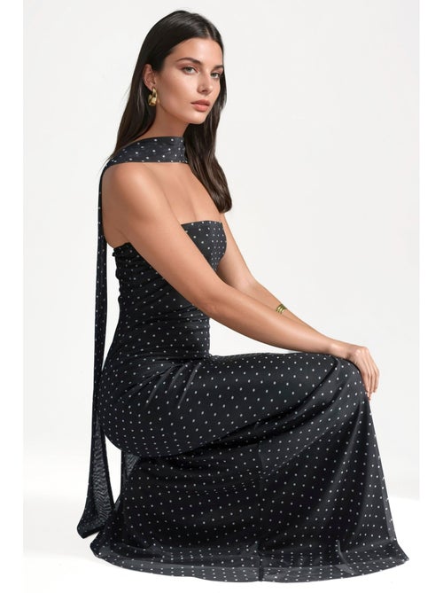 Vestido maxi sem alças de bolinhas com detalhe de lenço hiccup - Kiabi Vestido maxi sem alças de bolinhas com detalhe de lenço hiccup - Kiabi