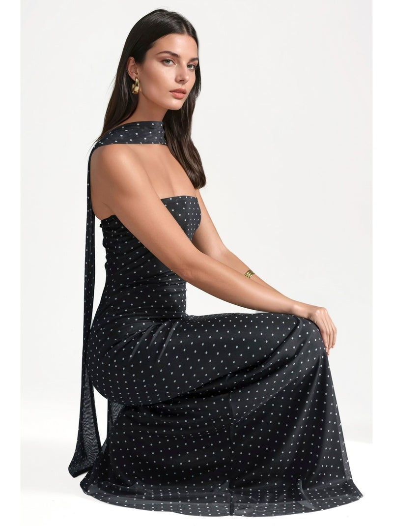 Vestido maxi sem alças de bolinhas com detalhe de lenço hiccup Preto Branco - Kiabi
