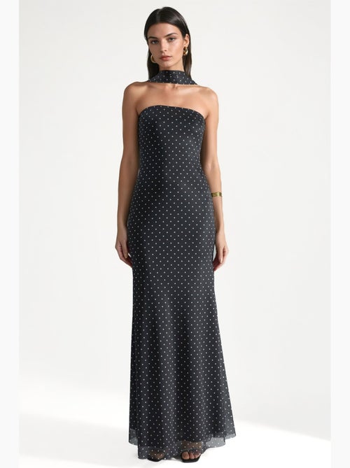Vestido maxi sem alças de bolinhas com detalhe de lenço hiccup - Kiabi Vestido maxi sem alças de bolinhas com detalhe de lenço hiccup - Kiabi