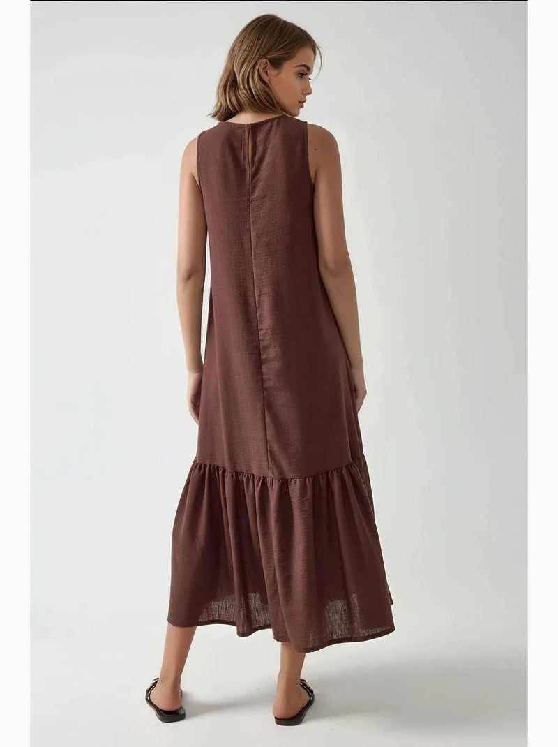 Vestido maxi sem mangas com corte em a e decote redondo hiccup Castanho-claro - Kiabi
