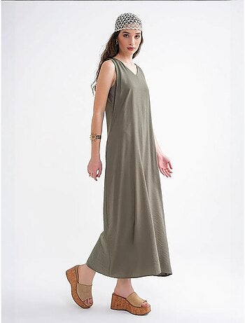Vestido maxi sem mangas com decote em v e bolsos mixray