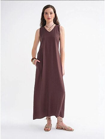 Vestido maxi sem mangas com decote em v e bolsos mixray