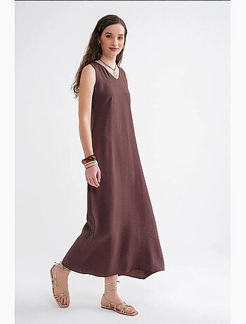 Vestido maxi sem mangas com decote em v e bolsos mixray