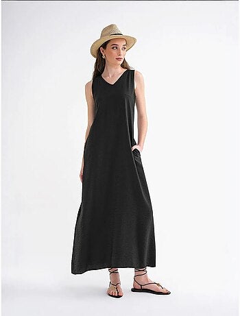 Vestido maxi sem mangas com decote em v e bolsos mixray