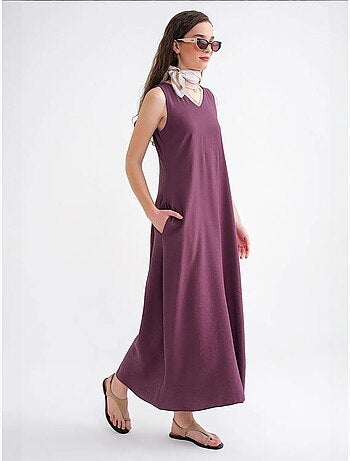 Vestido maxi sem mangas com decote em v e bolsos mixray