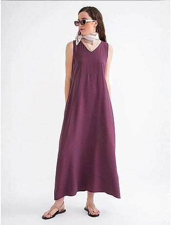Vestido maxi sem mangas com decote em v e bolsos mixray
