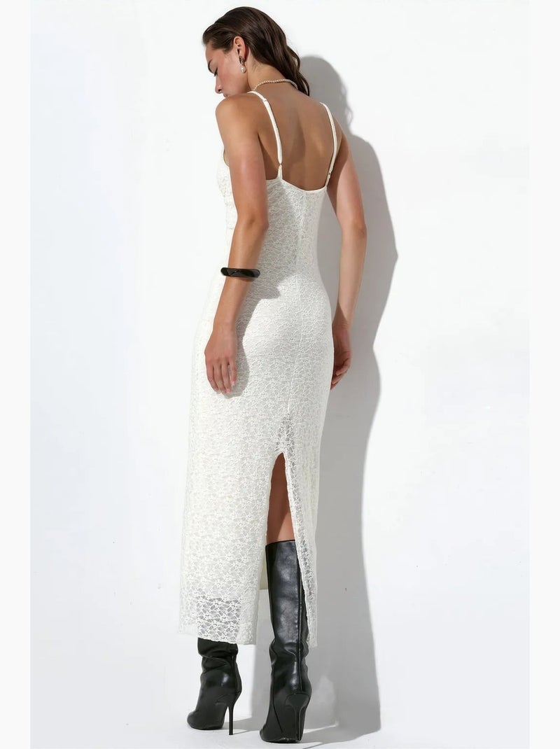Vestido maxi sem mangas com decote em v e detalhe em renda busem Marfim - Kiabi