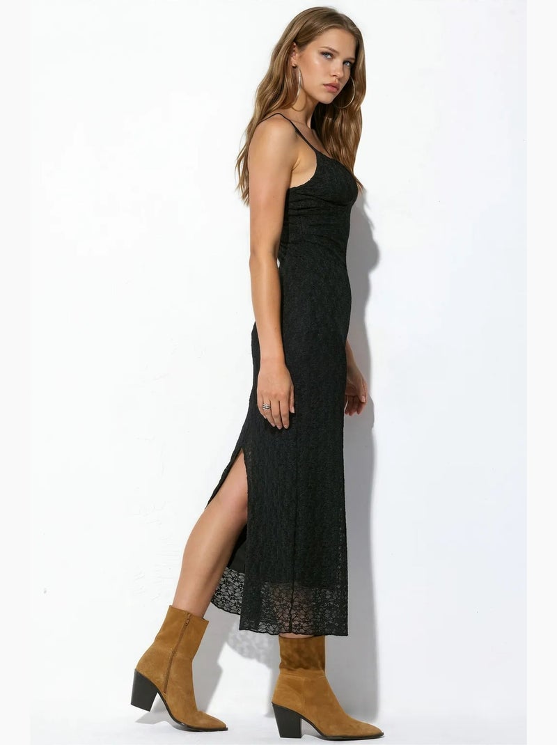Vestido maxi sem mangas com decote em v e detalhe em renda busem Preto - Kiabi