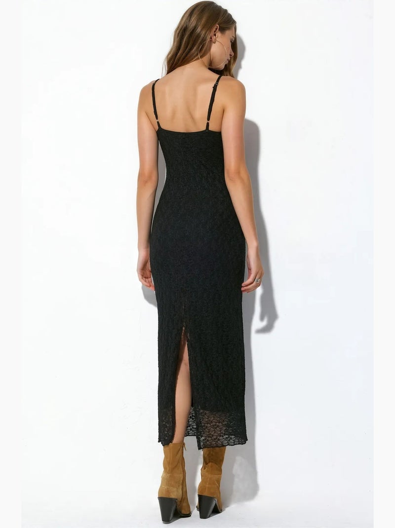 Vestido maxi sem mangas com decote em v e detalhe em renda busem Preto - Kiabi