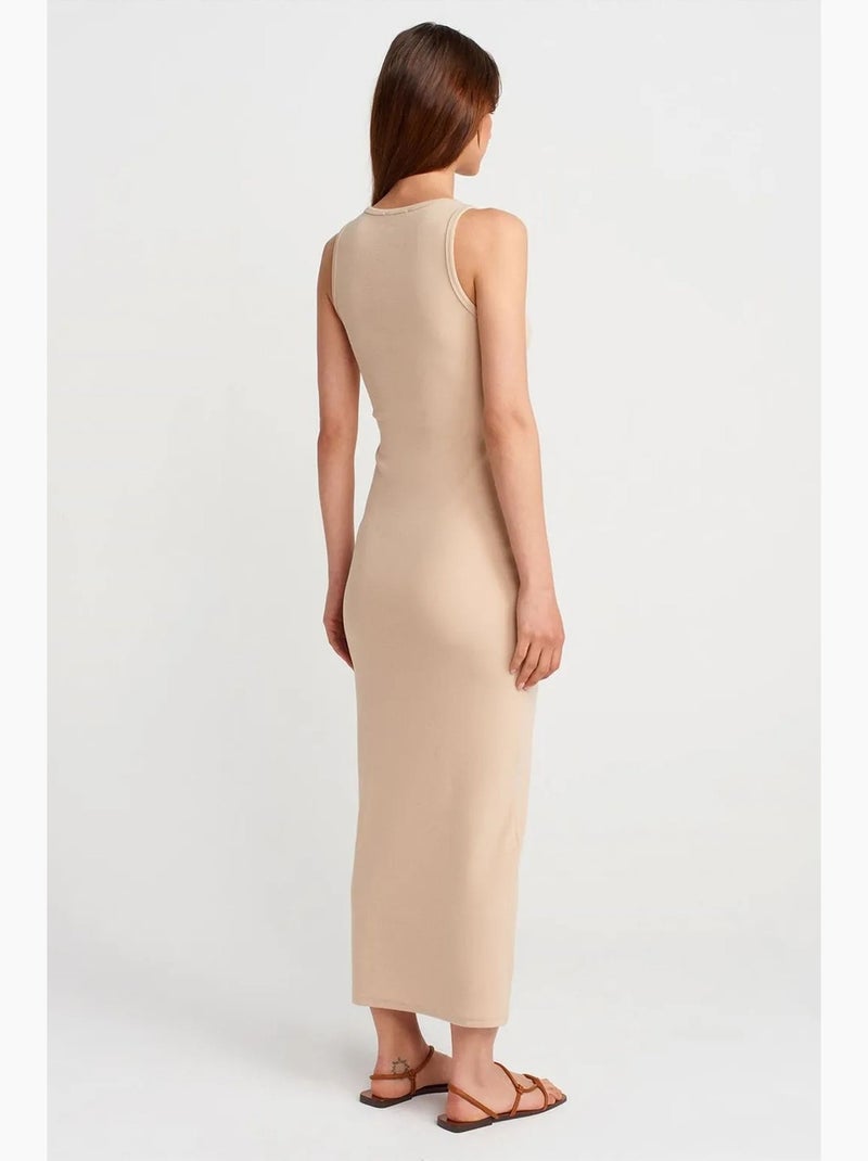 Vestido maxi sem mangas em mistura de algodão canelado dilvin Bege-argila - Kiabi