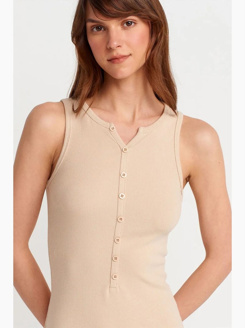 Vestido maxi sem mangas em mistura de algodão canelado dilvin Bege-argila - Kiabi