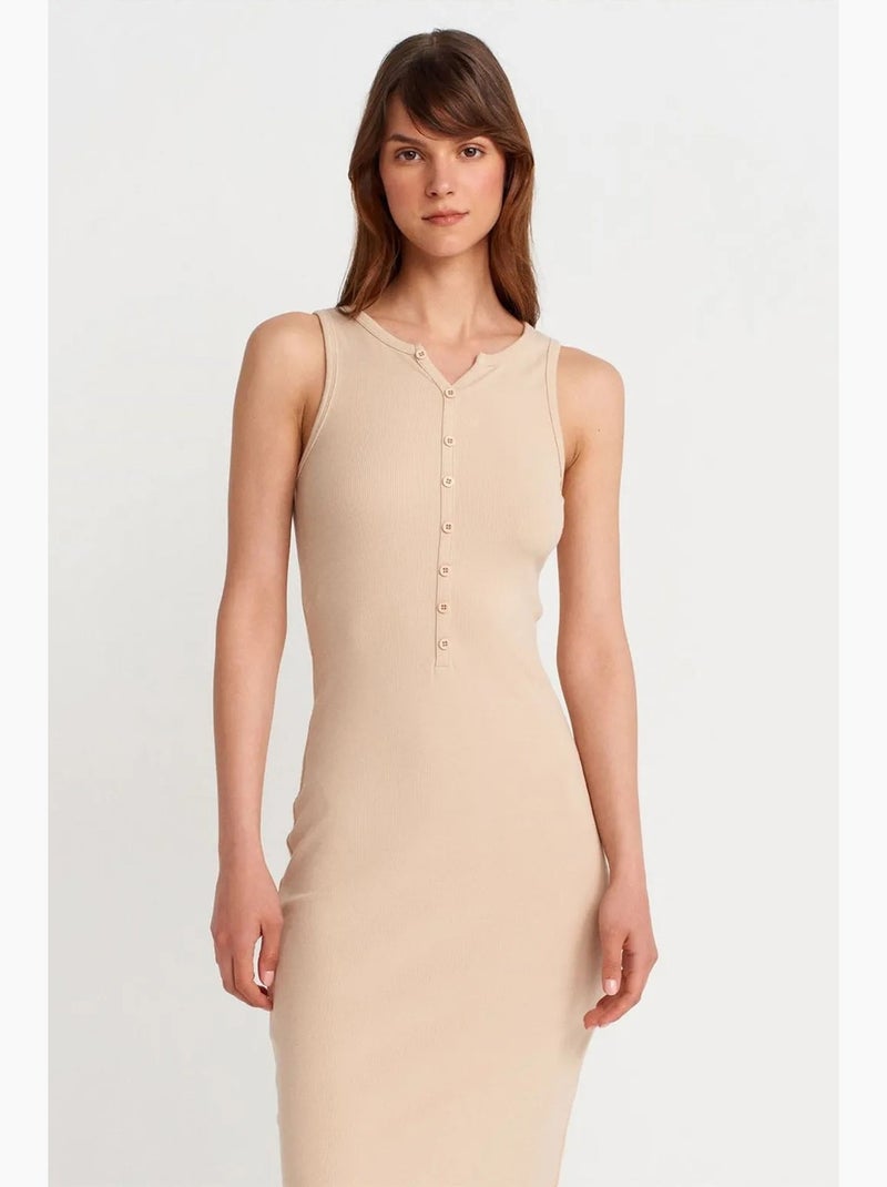 Vestido maxi sem mangas em mistura de algodão canelado dilvin Bege-argila - Kiabi