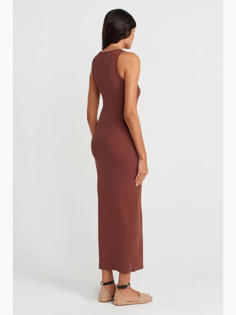 Vestido maxi sem mangas em mistura de algodão canelado dilvin Castanho - Kiabi