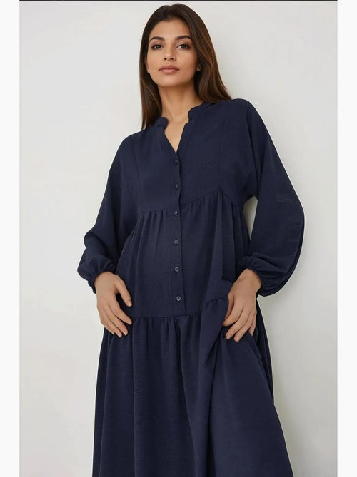 Vestido maxi texturizado com decote em v e detalhe de botões hiccup - Kiabi