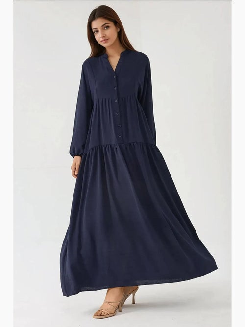 Vestido maxi texturizado com decote em v e detalhe de botões hiccup - Kiabi