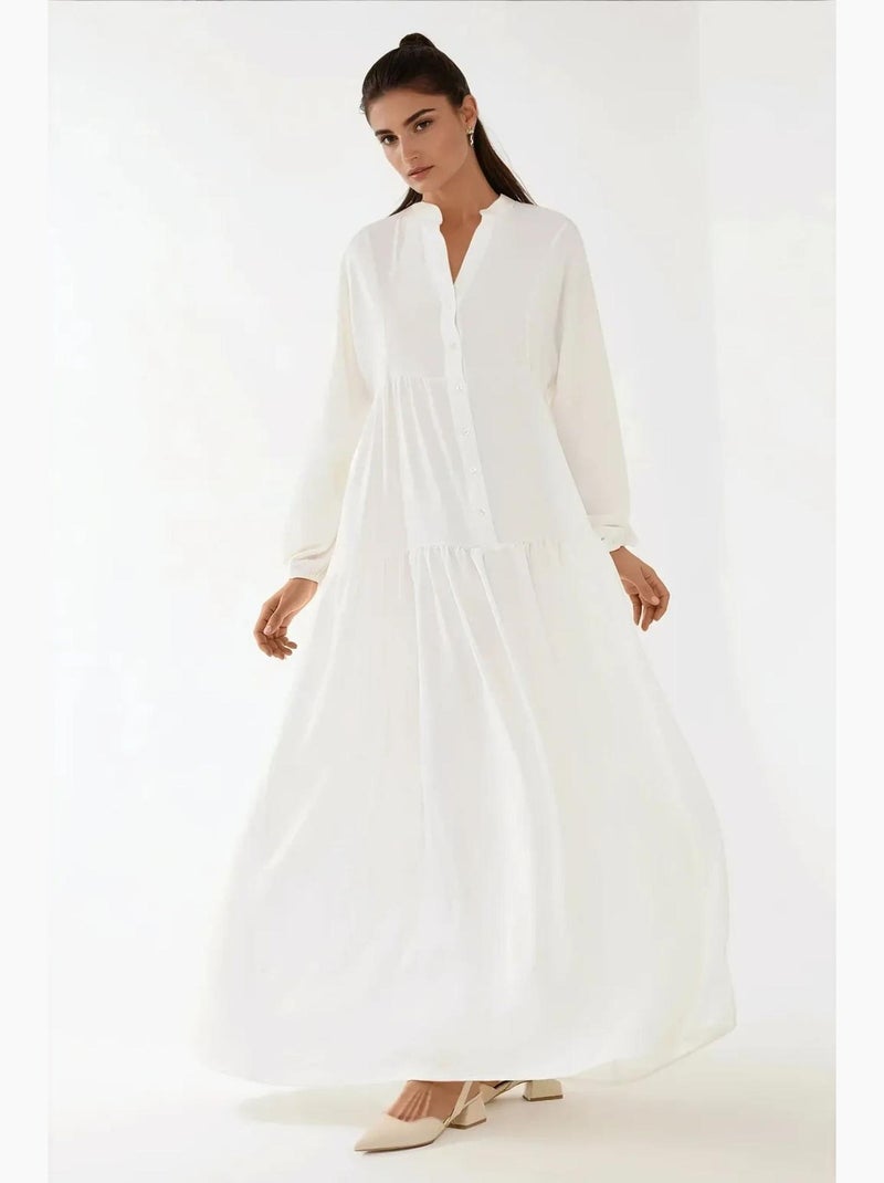 Vestido maxi texturizado com decote em v e detalhe de botões hiccup Branco - Kiabi