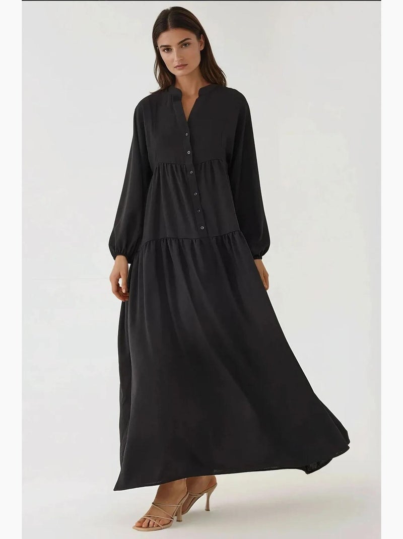 Vestido maxi texturizado com decote em v e detalhe de botões hiccup Preto - Kiabi