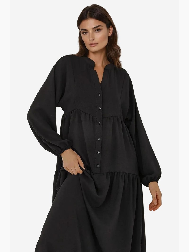Vestido maxi texturizado com decote em v e detalhe de botões hiccup Preto - Kiabi