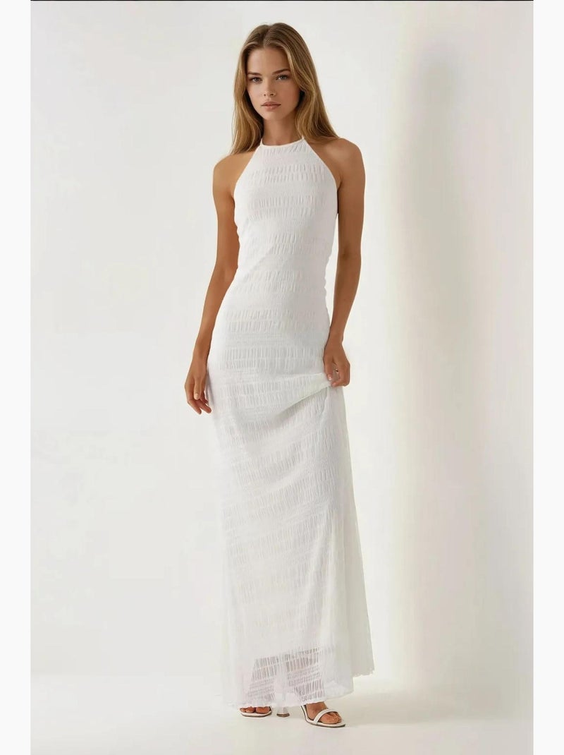 Vestido maxi texturizado com decote halter hiccup Branco - Kiabi