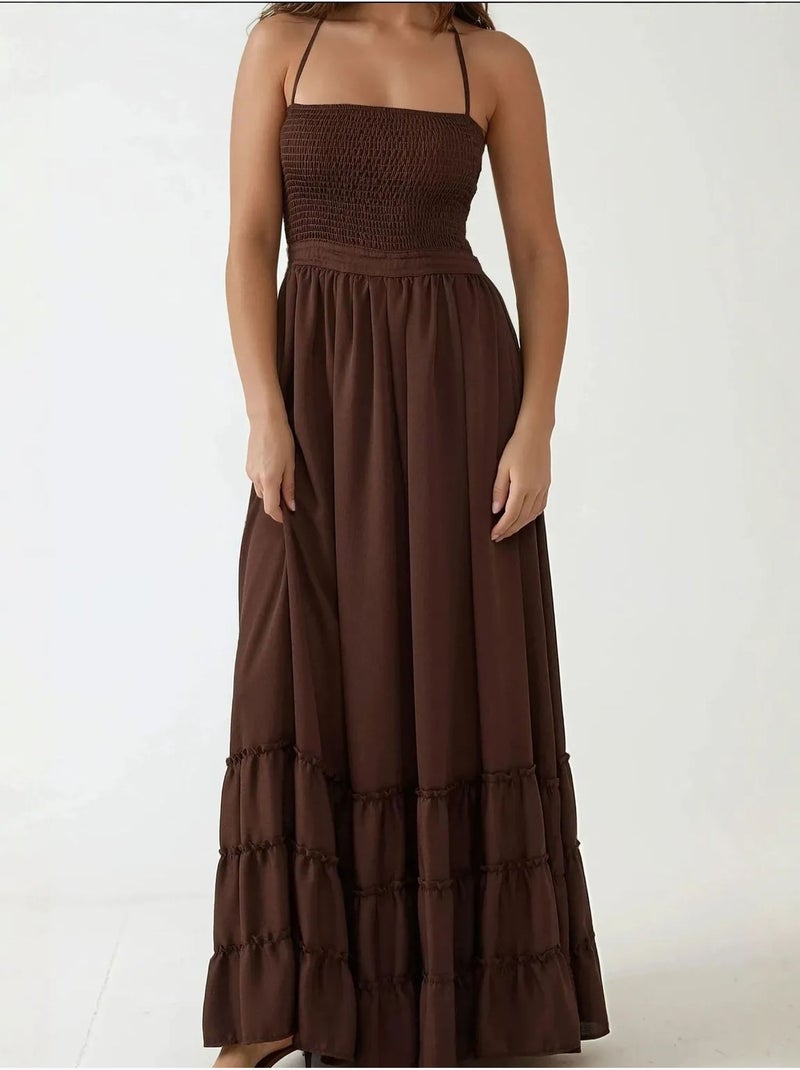 Vestido maxi texturizado com decote quadrado hiccup Castanho-escuro - Kiabi