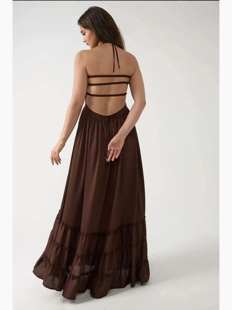 Vestido maxi texturizado com decote quadrado hiccup Castanho-escuro - Kiabi
