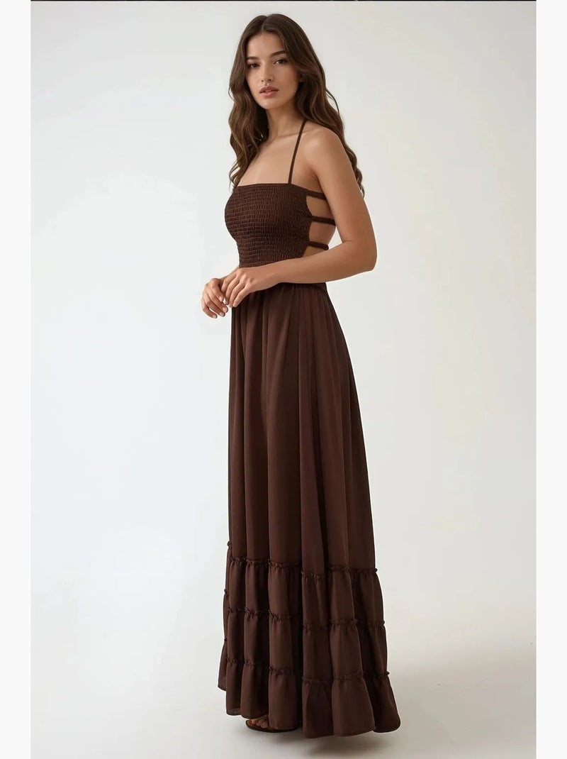 Vestido maxi texturizado com decote quadrado hiccup Castanho-escuro - Kiabi