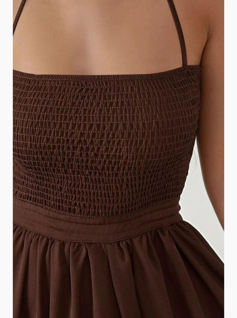 Vestido maxi texturizado com decote quadrado hiccup Castanho-escuro - Kiabi