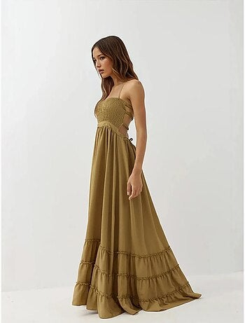 Vestido maxi texturizado com decote quadrado hiccup