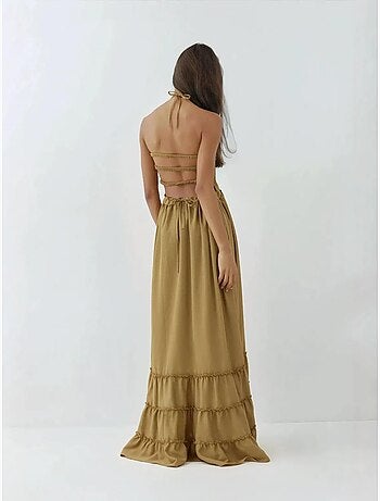 Vestido maxi texturizado com decote quadrado hiccup