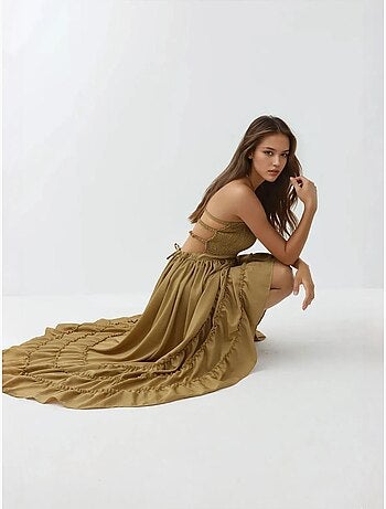 Vestido maxi texturizado com decote quadrado hiccup
