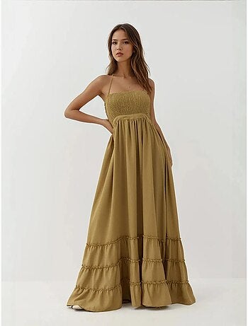 Vestido maxi texturizado com decote quadrado hiccup