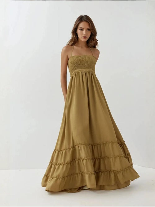 Vestido maxi texturizado com decote quadrado hiccup - Kiabi Vestido maxi texturizado com decote quadrado hiccup - Kiabi
