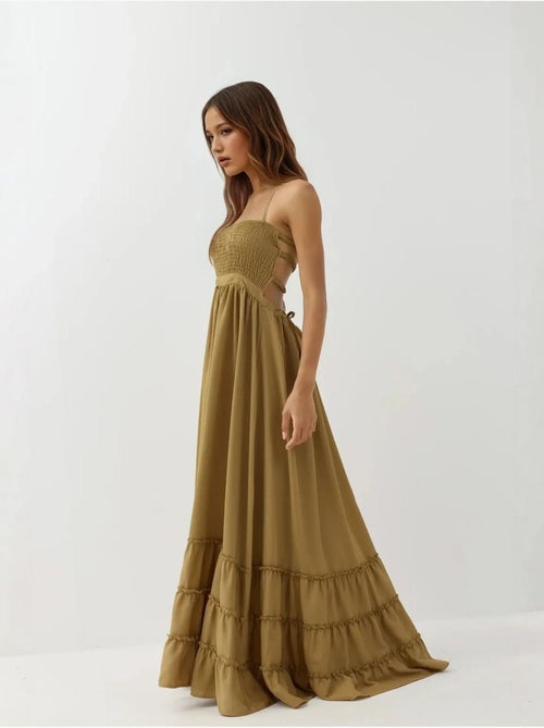 Vestido maxi texturizado com decote quadrado hiccup - Kiabi Vestido maxi texturizado com decote quadrado hiccup - Kiabi