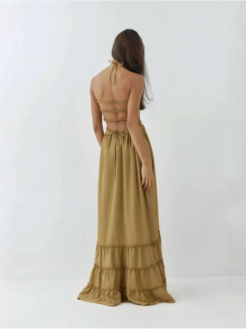 Vestido maxi texturizado com decote quadrado hiccup Verde cáqui - Kiabi