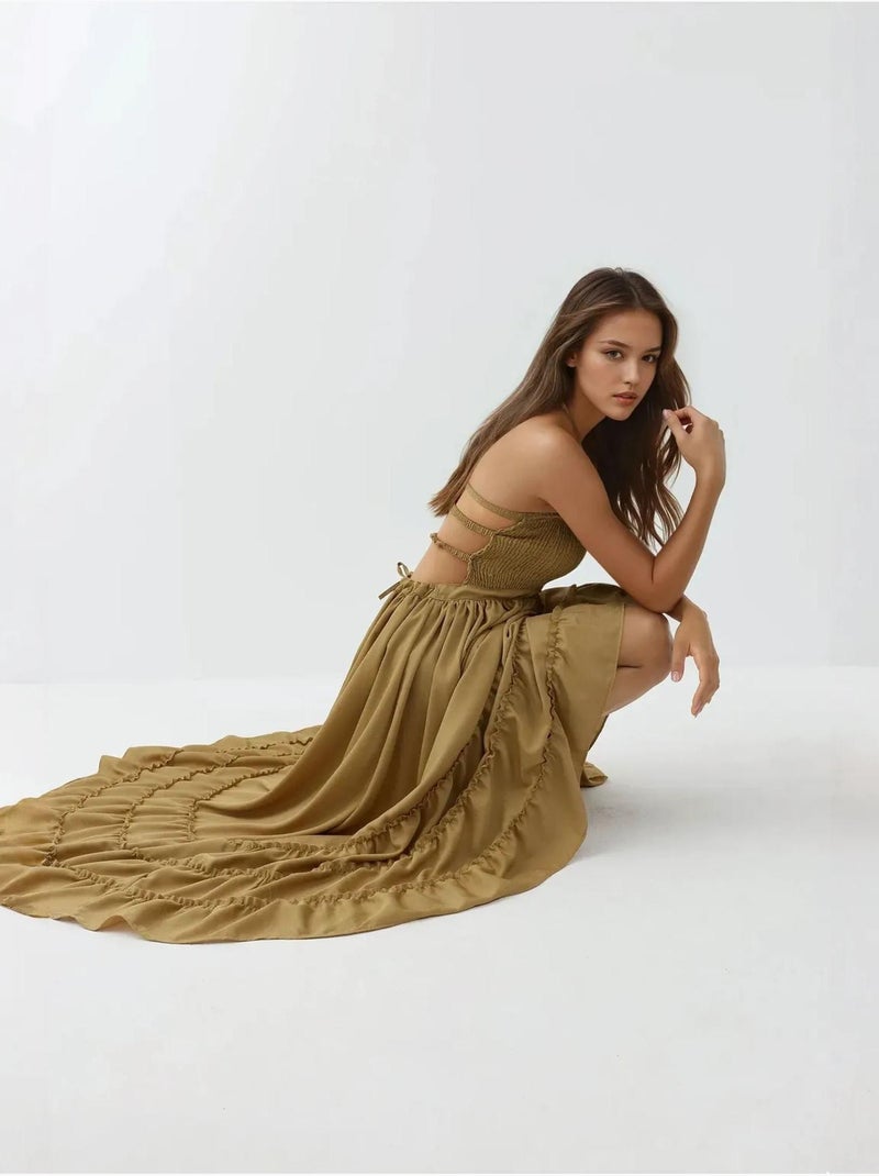 Vestido maxi texturizado com decote quadrado hiccup Verde cáqui - Kiabi