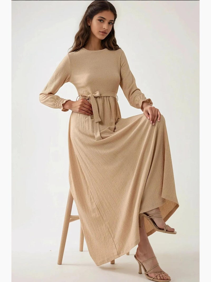 Vestido maxi texturizado de gola redonda hiccup Bege natural - Kiabi