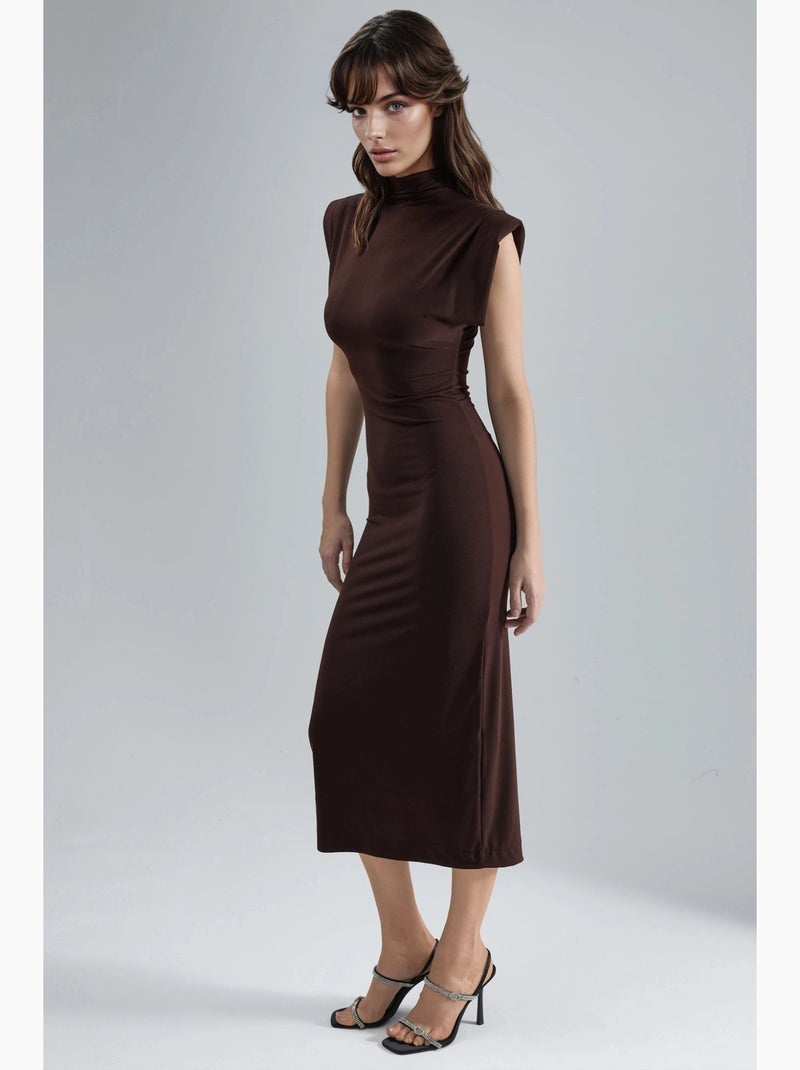 Vestido midi acolchoado com detalhes de racha busem Castanho-escuro - Kiabi