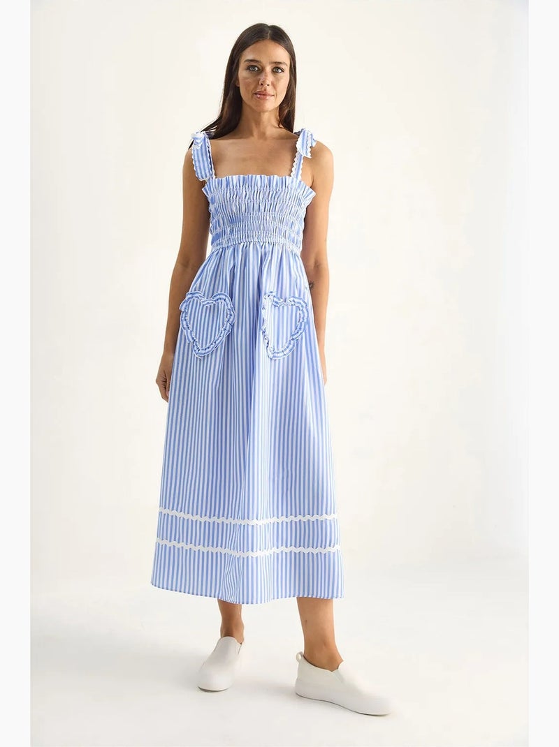 Vestido midi às riscas com gola quadrada lucci Azul-céu - Kiabi