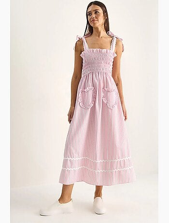Vestido midi às riscas com gola quadrada lucci