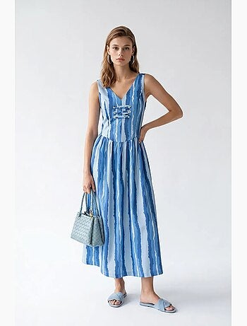 Vestido midi às riscas em linha a com detalhe de amarração mixray