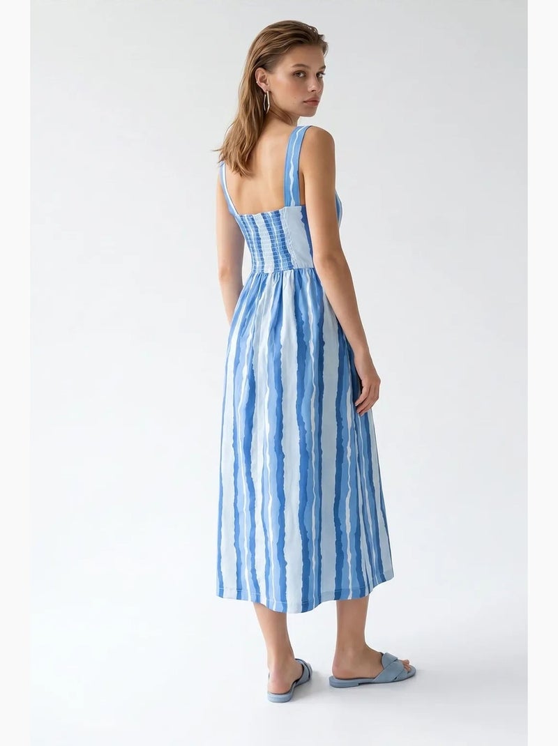 Vestido midi às riscas em linha a com detalhe de amarração mixray Azul Branco - Kiabi