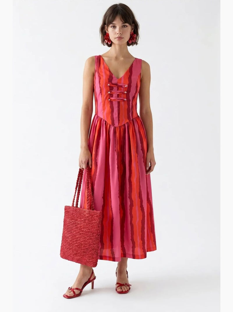 Vestido midi às riscas em linha a com detalhe de amarração mixray Rosa-fluo - Kiabi
