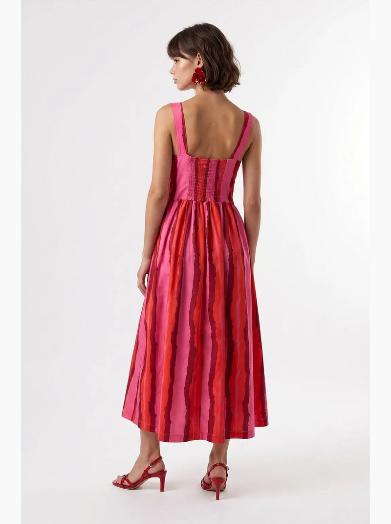 Vestido midi às riscas em linha a com detalhe de amarração mixray Rosa-fluo - Kiabi