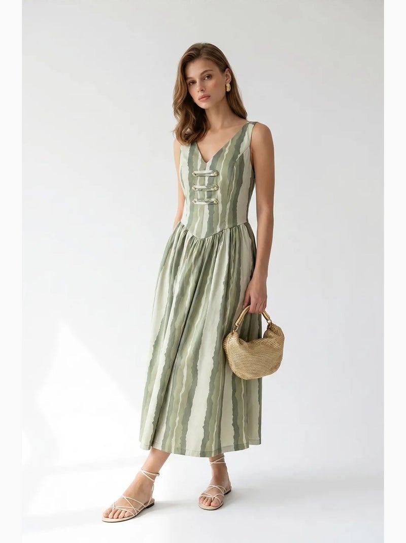 Vestido midi às riscas em linha a com detalhe de amarração mixray Verde - Kiabi
